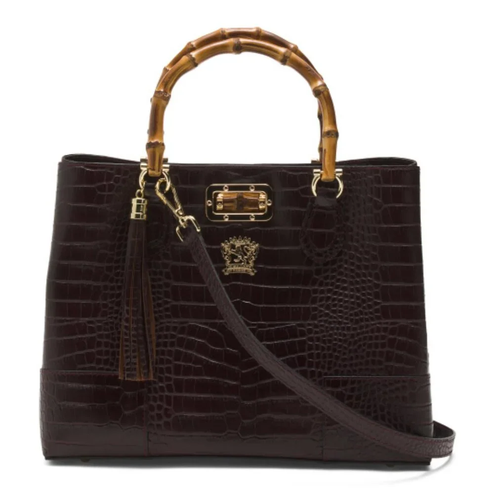 NWT ✅ Pratesi Firenze Italian K291 Triple Compartment Croc Leather Bag BROWN
